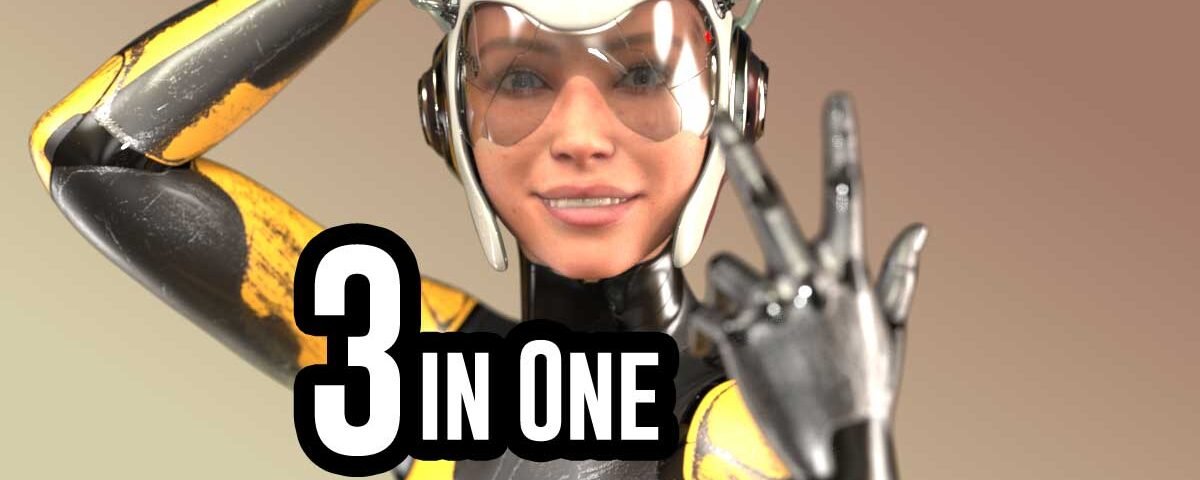 3D character in a white helmet showing three fingers next to the words "3 in One": web designer, graphic designer and SEO expert