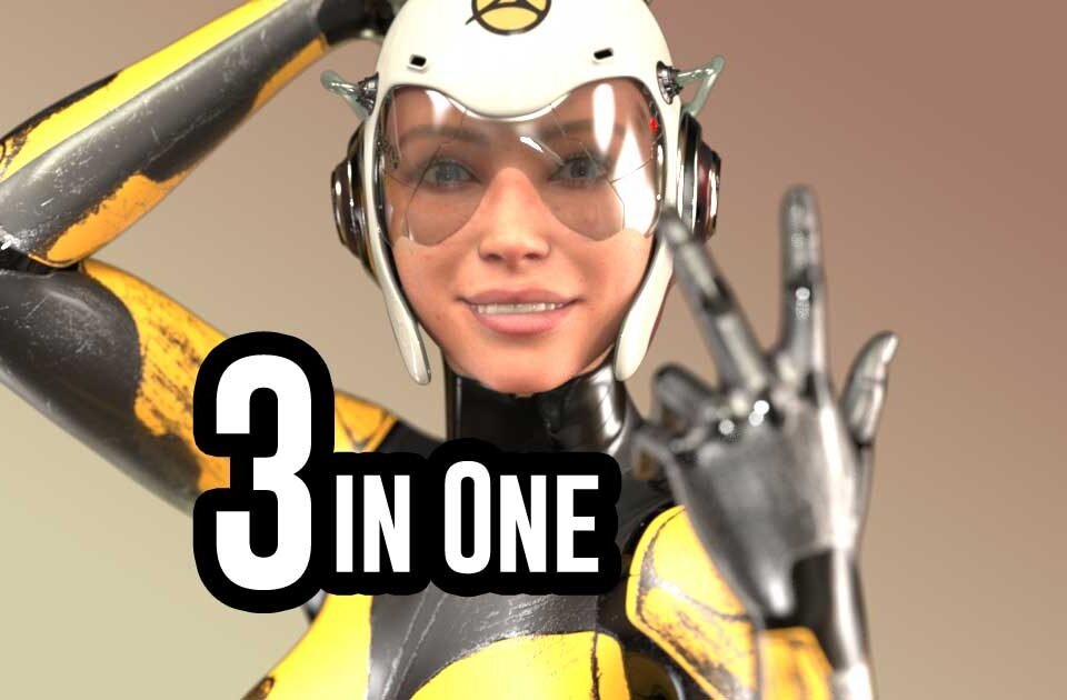 3D character in a white helmet showing three fingers next to the words "3 in One": web designer, graphic designer and SEO expert